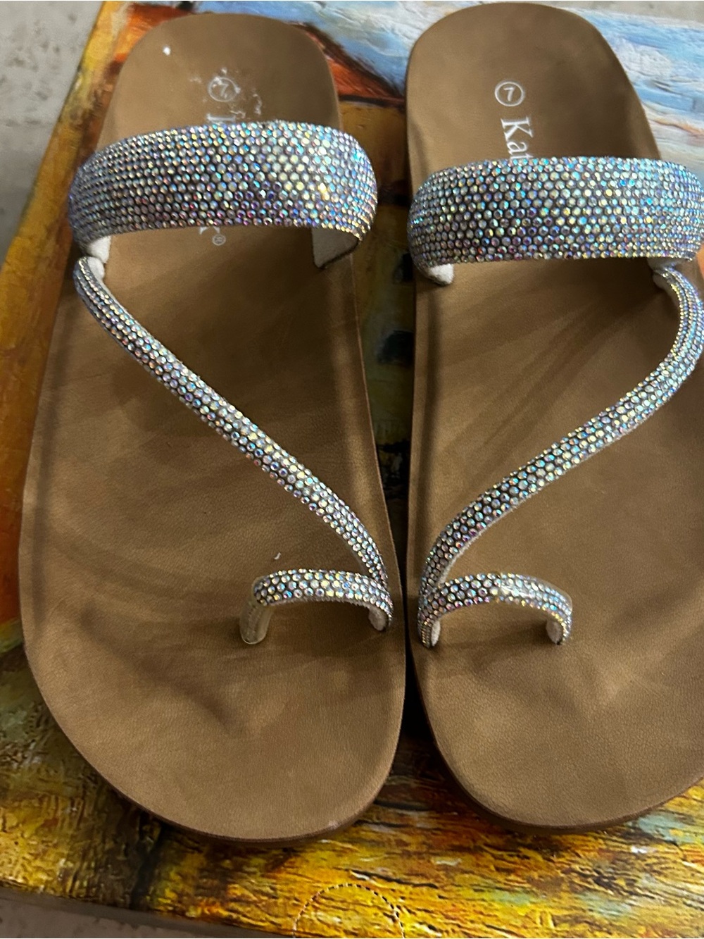 Kate Park Iridescent Crystal Toe-Loop Sandals